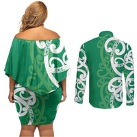 Pounamu Green Maori Couples Matching Off Shoulder Short Dress and Long Sleeve Button Shirt Koru Kowhaiwhai LT7 - Polynesian Pride