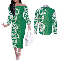 Pounamu Green Maori Couples Matching Off The Shoulder Long Sleeve Dress and Long Sleeve Button Shirt Koru Kowhaiwhai LT7 Green - Polynesian Pride