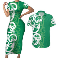 Pounamu Green Maori Couples Matching Short Sleeve Bodycon Dress and Hawaiian Shirt Koru Kowhaiwhai LT7 Green - Polynesian Pride