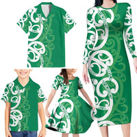 Pounamu Green Maori Family Matching Long Sleeve Bodycon Dress and Hawaiian Shirt Koru Kowhaiwhai LT7 - Polynesian Pride