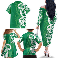 Pounamu Green Maori Family Matching Off The Shoulder Long Sleeve Dress and Hawaiian Shirt Koru Kowhaiwhai LT7 - Polynesian Pride