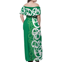 Pounamu Green Maori Family Matching Off Shoulder Maxi Dress and Hawaiian Shirt Koru Kowhaiwhai LT7 - Polynesian Pride