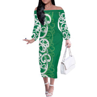 Pounamu Green Maori Off The Shoulder Long Sleeve Dress Koru Kowhaiwhai LT7 Women Green - Polynesian Pride