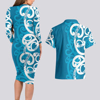 Azure Blue Maori Couples Matching Long Sleeve Bodycon Dress and Hawaiian Shirt Koru Kowhaiwhai LT7 - Polynesian Pride