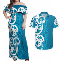 Azure Blue Maori Couples Matching Off Shoulder Maxi Dress and Hawaiian Shirt Koru Kowhaiwhai LT7 Blue - Polynesian Pride
