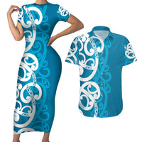 Azure Blue Maori Couples Matching Short Sleeve Bodycon Dress and Hawaiian Shirt Koru Kowhaiwhai LT7 Blue - Polynesian Pride