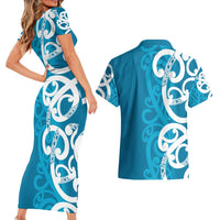 Azure Blue Maori Couples Matching Short Sleeve Bodycon Dress and Hawaiian Shirt Koru Kowhaiwhai LT7 - Polynesian Pride