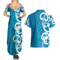Azure Blue Maori Couples Matching Summer Maxi Dress and Hawaiian Shirt Koru Kowhaiwhai LT7 - Polynesian Pride