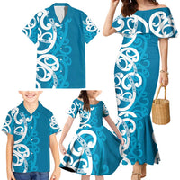 Azure Blue Maori Family Matching Mermaid Dress and Hawaiian Shirt Koru Kowhaiwhai LT7 - Polynesian Pride