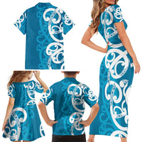 Azure Blue Maori Family Matching Short Sleeve Bodycon Dress and Hawaiian Shirt Koru Kowhaiwhai LT7 - Polynesian Pride