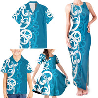 Azure Blue Maori Family Matching Tank Maxi Dress and Hawaiian Shirt Koru Kowhaiwhai LT7 - Polynesian Pride