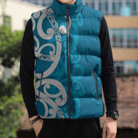 Azure Blue Maori Sleeveless Puffer Jacket Koru Kowhaiwhai - Polynesian Pride