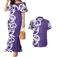 Violet Green Maori Couples Matching Mermaid Dress and Hawaiian Shirt Koru Kowhaiwhai LT7 Violet - Polynesian Pride
