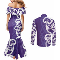 Violet Green Maori Couples Matching Mermaid Dress and Long Sleeve Button Shirt Koru Kowhaiwhai LT7 - Polynesian Pride