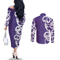 Violet Green Maori Couples Matching Off The Shoulder Long Sleeve Dress and Long Sleeve Button Shirt Koru Kowhaiwhai LT7 - Polynesian Pride