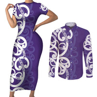 Violet Green Maori Couples Matching Short Sleeve Bodycon Dress and Long Sleeve Button Shirt Koru Kowhaiwhai LT7 Violet - Polynesian Pride