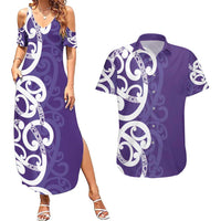 Violet Green Maori Couples Matching Summer Maxi Dress and Hawaiian Shirt Koru Kowhaiwhai LT7 Violet - Polynesian Pride