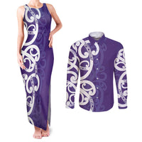 Violet Green Maori Couples Matching Tank Maxi Dress and Long Sleeve Button Shirt Koru Kowhaiwhai LT7 Violet - Polynesian Pride