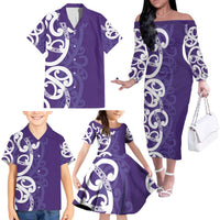 Violet Green Maori Family Matching Off The Shoulder Long Sleeve Dress and Hawaiian Shirt Koru Kowhaiwhai LT7 - Polynesian Pride