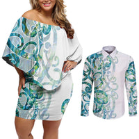 Paua Shell Maori Couples Matching Off Shoulder Short Dress and Long Sleeve Button Shirt Koru Kowhaiwhai - Polynesian Pride