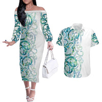 Paua Shell Maori Couples Matching Off The Shoulder Long Sleeve Dress and Hawaiian Shirt Koru Kowhaiwhai LT7 White - Polynesian Pride