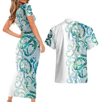 Paua Shell Maori Couples Matching Short Sleeve Bodycon Dress and Hawaiian Shirt Koru Kowhaiwhai LT7 - Polynesian Pride