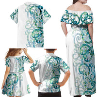 Paua Shell Maori Family Matching Off Shoulder Maxi Dress and Hawaiian Shirt Koru Kowhaiwhai LT7 - Polynesian Pride