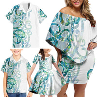 Paua Shell Maori Family Matching Off Shoulder Short Dress and Hawaiian Shirt Koru Kowhaiwhai LT7 - Polynesian Pride