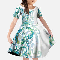 Paua Shell Maori Family Matching Puletasi and Hawaiian Shirt Koru Kowhaiwhai LT7 Daughter's Dress White - Polynesian Pride