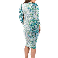Paua Shell Maori Long Sleeve Bodycon Dress Koru Kowhaiwhai - Polynesian Pride