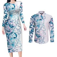 Turquoise Paua Shell Maori Couples Matching Long Sleeve Bodycon Dress and Long Sleeve Button Shirt Koru Kowhaiwhai LT7 White - Polynesian Pride