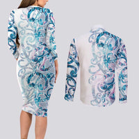 Turquoise Paua Shell Maori Couples Matching Long Sleeve Bodycon Dress and Long Sleeve Button Shirt Koru Kowhaiwhai LT7 - Polynesian Pride
