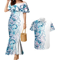 Turquoise Paua Shell Maori Couples Matching Mermaid Dress and Hawaiian Shirt Koru Kowhaiwhai LT7 White - Polynesian Pride