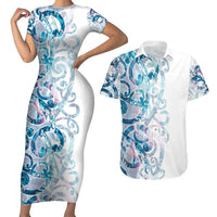 Turquoise Paua Shell Maori Couples Matching Short Sleeve Bodycon Dress and Hawaiian Shirt Koru Kowhaiwhai LT7 White - Polynesian Pride