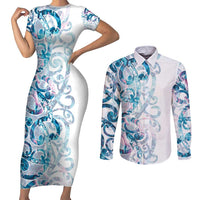 Turquoise Paua Shell Maori Couples Matching Short Sleeve Bodycon Dress and Long Sleeve Button Shirt Koru Kowhaiwhai LT7 White - Polynesian Pride