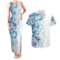 Turquoise Paua Shell Maori Couples Matching Tank Maxi Dress and Hawaiian Shirt Koru Kowhaiwhai LT7 White - Polynesian Pride