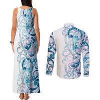 Turquoise Paua Shell Maori Couples Matching Tank Maxi Dress and Long Sleeve Button Shirt Koru Kowhaiwhai - Polynesian Pride