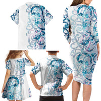 Turquoise Paua Shell Maori Family Matching Long Sleeve Bodycon Dress and Hawaiian Shirt Koru Kowhaiwhai LT7 - Polynesian Pride