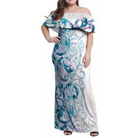 Turquoise Paua Shell Maori Family Matching Off Shoulder Maxi Dress and Hawaiian Shirt Koru Kowhaiwhai LT7 Mom's Dress White - Polynesian Pride