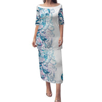 Turquoise Paua Shell Maori Family Matching Puletasi and Hawaiian Shirt Koru Kowhaiwhai LT7 Mom's Dress White - Polynesian Pride