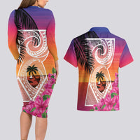 Guam Chamorro Couples Matching Long Sleeve Bodycon Dress and Hawaiian Shirt Artsy Latte Stone LT7 - Polynesian Pride