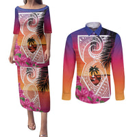 Guam Chamorro Couples Matching Puletasi and Long Sleeve Button Shirt Artsy Latte Stone