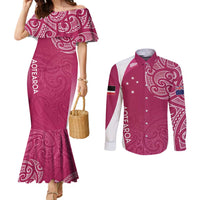 Personalised New Zealand Rugby Couples Matching Mermaid Dress and Long Sleeve Button Shirt Aotearoa Champions - Pink Version LT7 Pink - Polynesian Pride