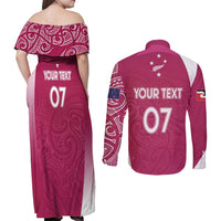 Personalised New Zealand Rugby Couples Matching Off Shoulder Maxi Dress and Long Sleeve Button Shirt Aotearoa Champions - Pink Version LT7 - Polynesian Pride