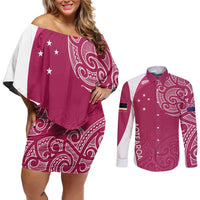 Personalised New Zealand Rugby Couples Matching Off Shoulder Short Dress and Long Sleeve Button Shirt Aotearoa Champions - Pink Version LT7 Pink - Polynesian Pride
