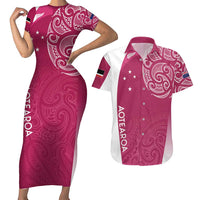 Personalised New Zealand Rugby Couples Matching Short Sleeve Bodycon Dress and Hawaiian Shirt Aotearoa Champions - Pink Version LT7 Pink - Polynesian Pride
