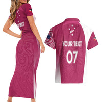 Personalised New Zealand Rugby Couples Matching Short Sleeve Bodycon Dress and Hawaiian Shirt Aotearoa Champions - Pink Version LT7 - Polynesian Pride