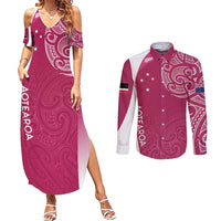 Personalised New Zealand Rugby Couples Matching Summer Maxi Dress and Long Sleeve Button Shirt Aotearoa Champions - Pink Version LT7 Pink - Polynesian Pride