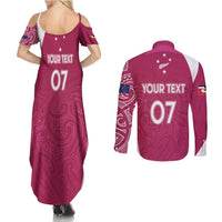 Personalised New Zealand Rugby Couples Matching Summer Maxi Dress and Long Sleeve Button Shirt Aotearoa Champions - Pink Version LT7 - Polynesian Pride