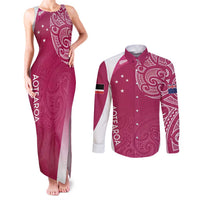 Personalised New Zealand Rugby Couples Matching Tank Maxi Dress and Long Sleeve Button Shirt Aotearoa Champions - Pink Version LT7 Pink - Polynesian Pride